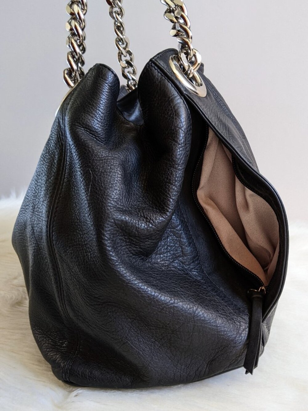 Valentino Luisa Black Leather Tote Bag With Silver Metal Chain Straps - Picture 7 of 16